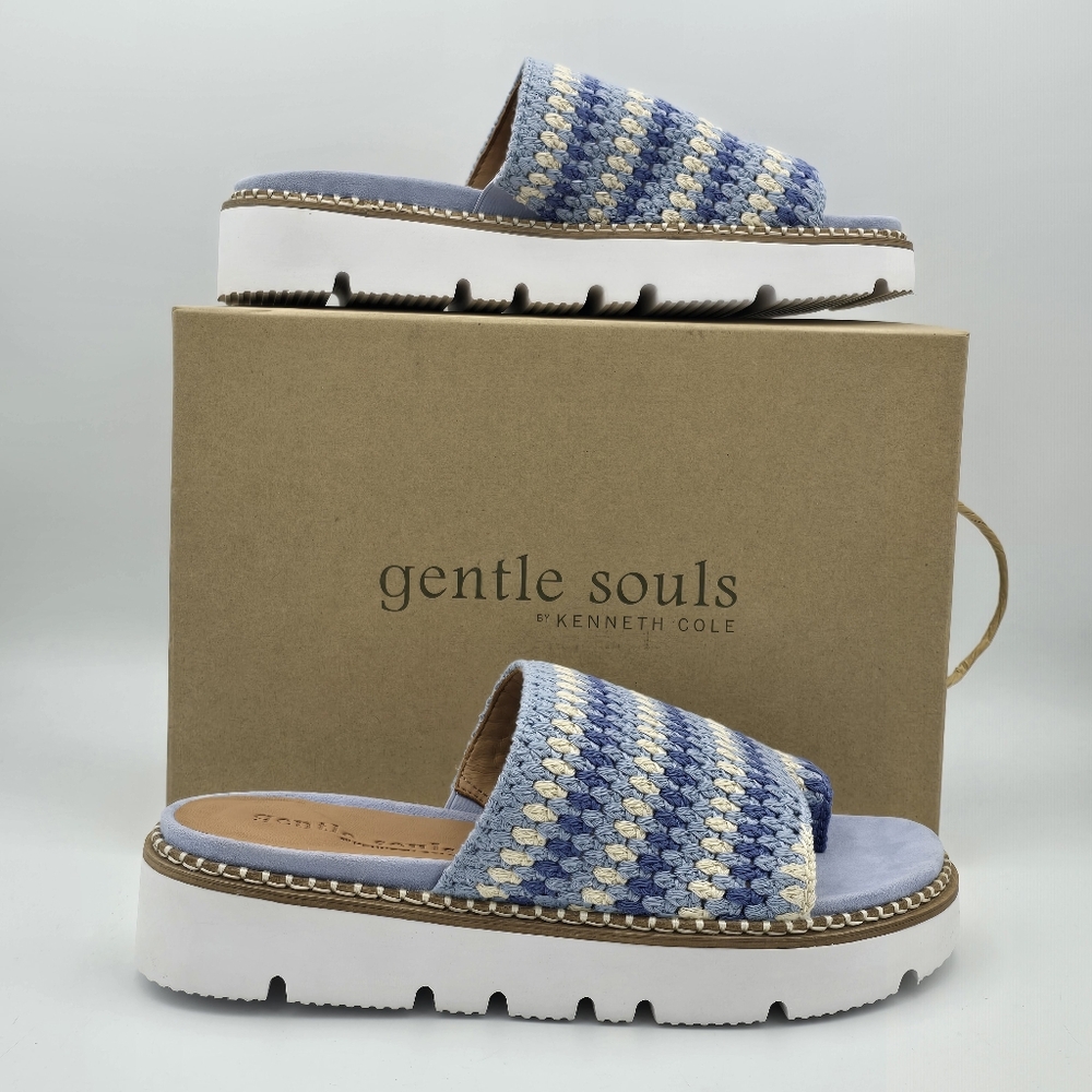NIB Gentle Souls by Kenneth Cole Lavern Platform Slide Sandals—Blue Multi Fabric